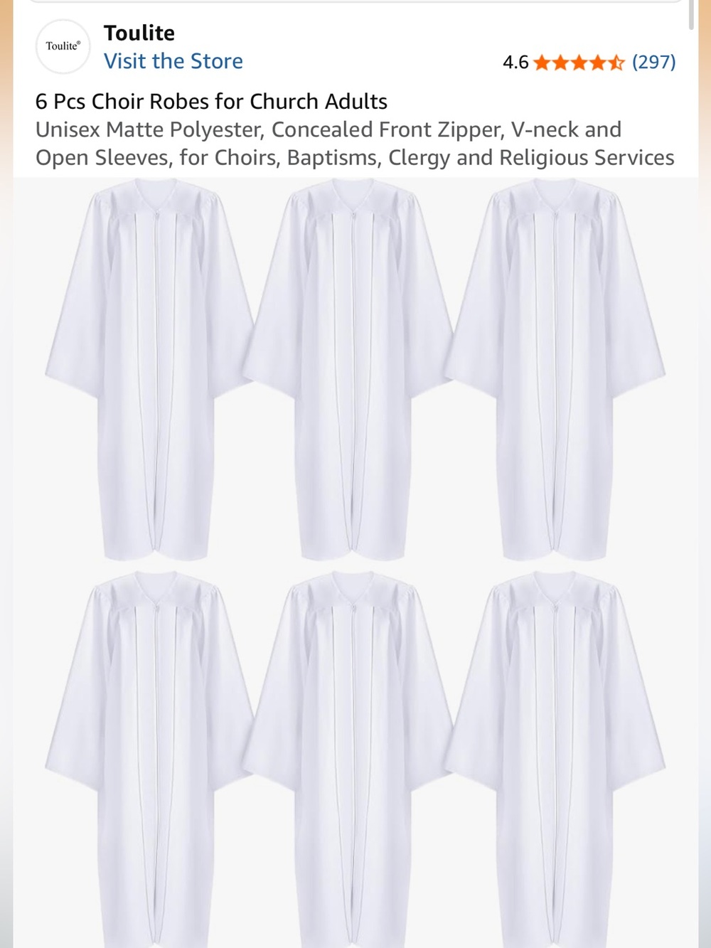 NEW Bundle of Six, White Unisex Choir Robe - V-Neck Zippered Gown